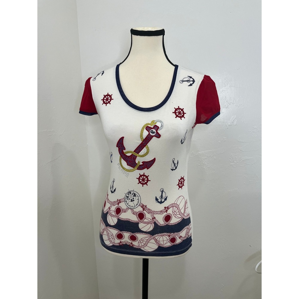 GF Ferre Nautical T-Shirt Womens Medium White Good Rhinestone Anchor Italy